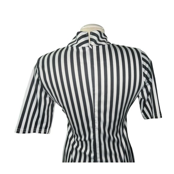 Black & White Vertical Striped Prisoner Jail Costume Dress With High Neck Short - Picture 7 of 10